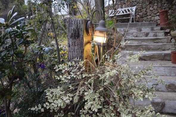 庭の階段とランプ
