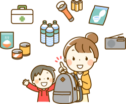防災袋に何を入れるか相談する親子のイラスト