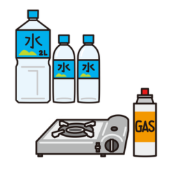 水とカセットコンロとボンベのイラスト