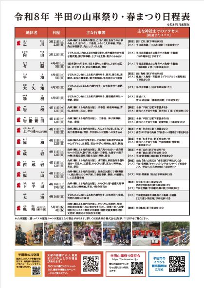 「半田の山車まつり・春まつり」の日程表